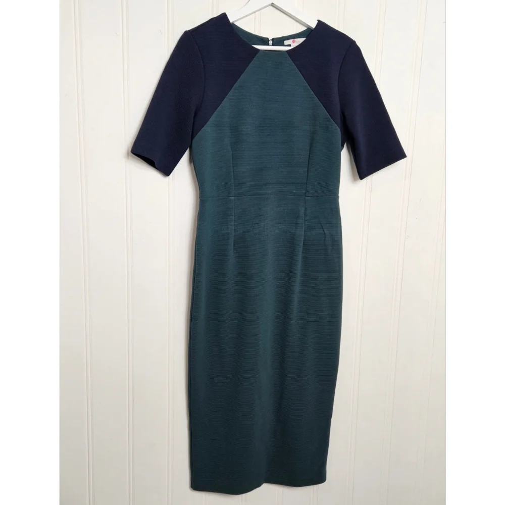 Boden Poppy Ponte Colorblock Dress 6L Green Navy Sheath Work Career Midi